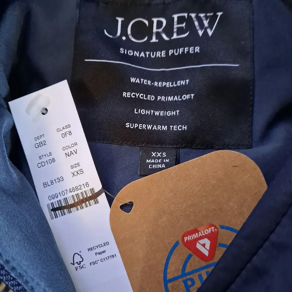 NWT J. Crew Ellington Stowe Puffer Jacket Quilted Primaloft Insulation Navy XXS